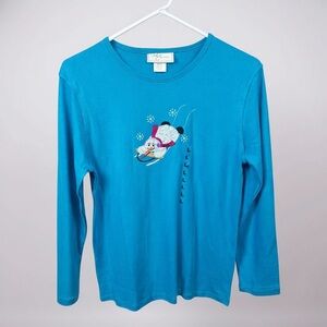 M&C Sportswear Size Large Snowman Sledding Long Sleeve Tee Blue Holiday Top